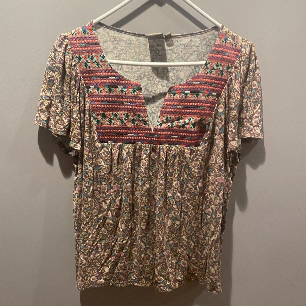 Anthropologie One September Abouet Floral Embroidered Short Sleeve Blouse Size M